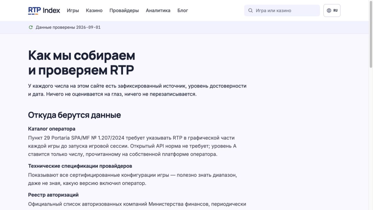 Страница методологии RTP Index с источниками и уровнями достоверности